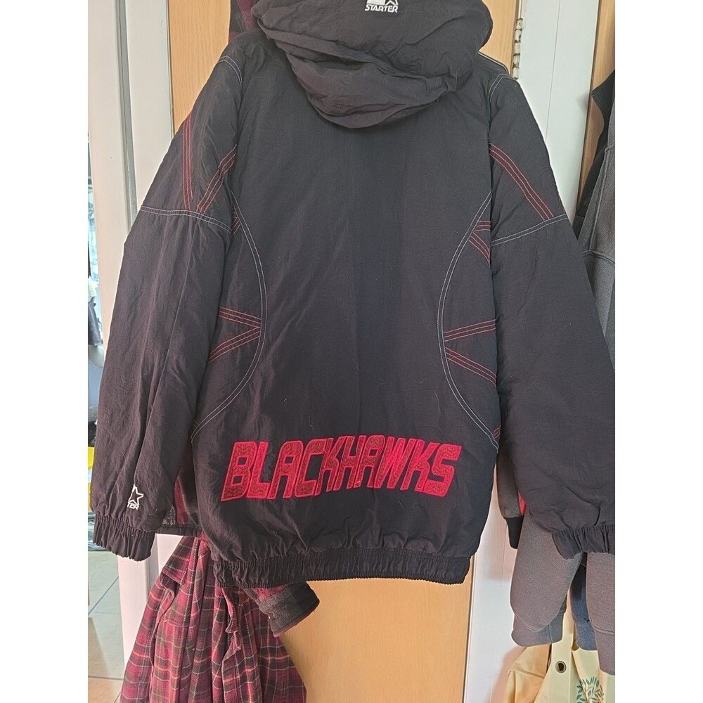 Starter Chicago Blackhawks NHL Full Zip Hooded Jacket XL Black Red Stitching - Picture 7 of 10